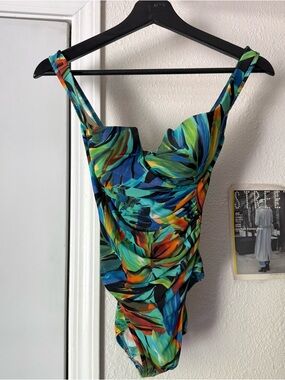 MIRACLESUIT blue green black tropical watercolor ruched one piece swim suit